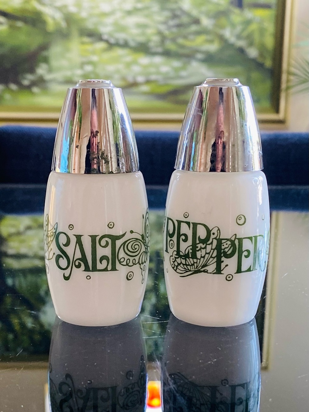 VTG Gemco Westinghouse Milk Glass Green Butterfly Silver Top Salt Pepper Shakers